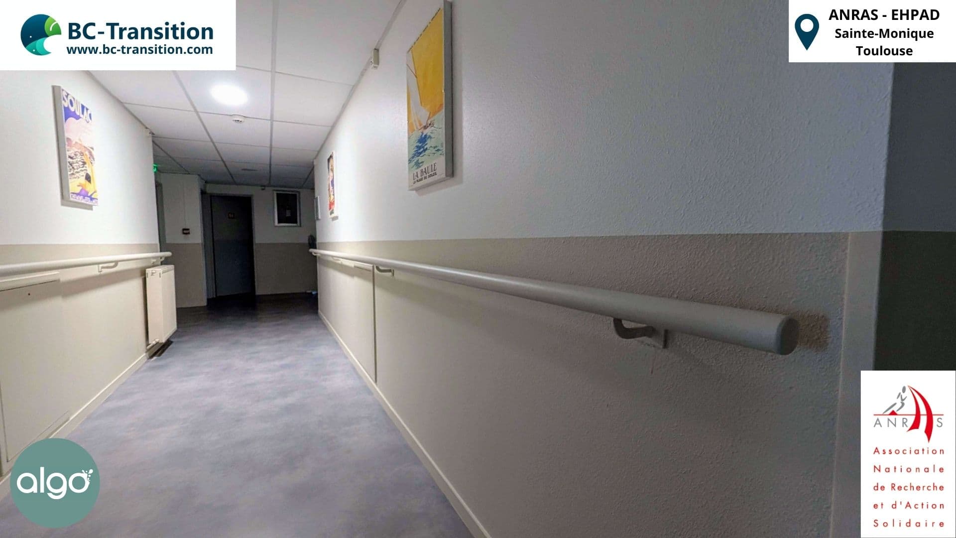 Couloir de l’EHPAD Sainte-Monique à Toulouse rénové avec la peinture biosourcée Algo, appliquée par BC-Transition.
